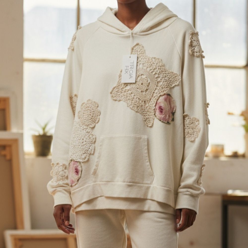 Tricia Fix Exclusive Patchwork Crochet Floral Hoodie in Cream